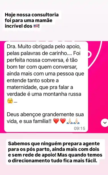 Mensagem de uma mãe agradecendo à Dra. Tábata pelo apoio e pela conversa sobre a maternidade