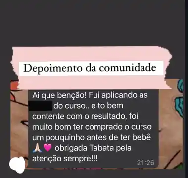 Mensagem de uma aluna contente com o resultado do curso